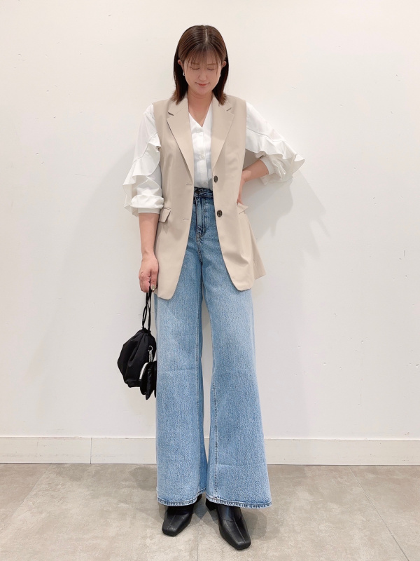 ラッフルスリーブブラウス(長袖)(ストライプ)、デニムサロペットワイド