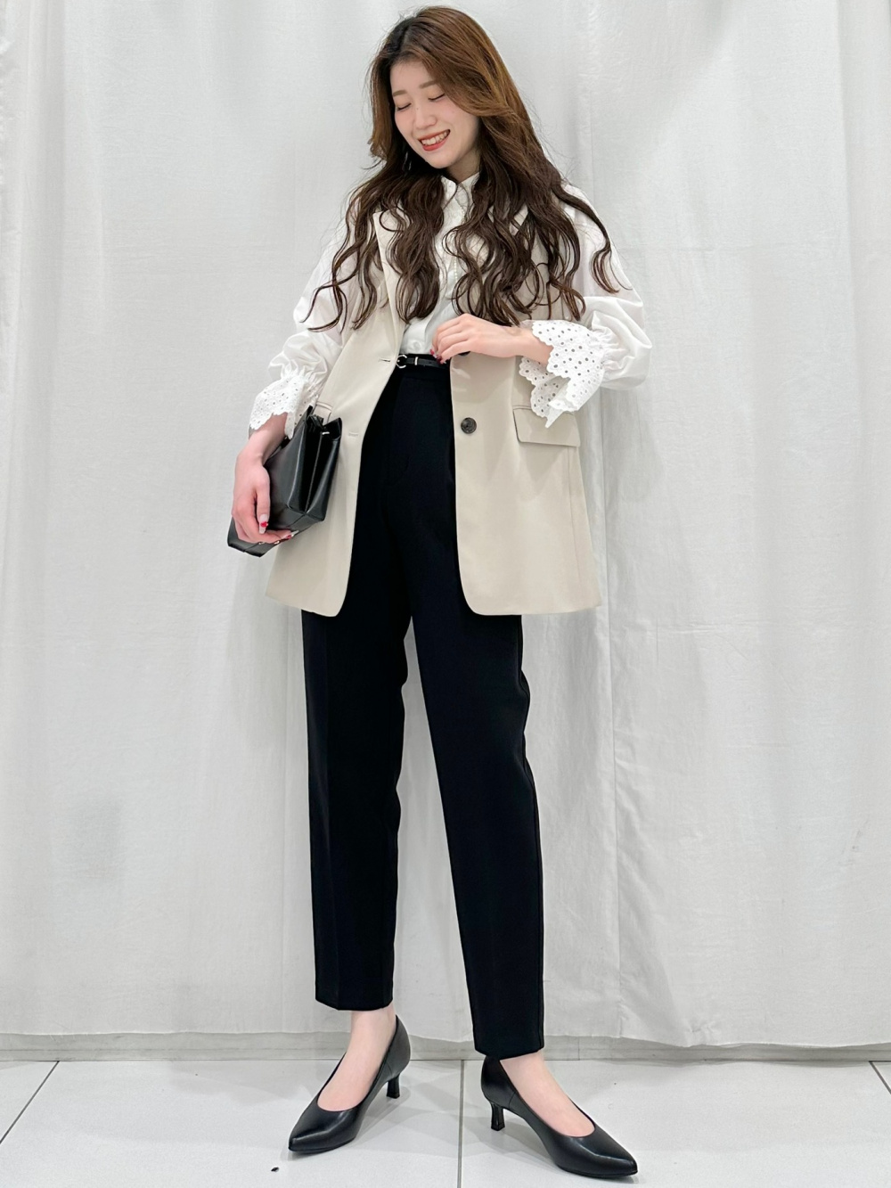 ダブルブレストジャケット(チェック)Z、スタンドカラーブラウス(長袖)Z