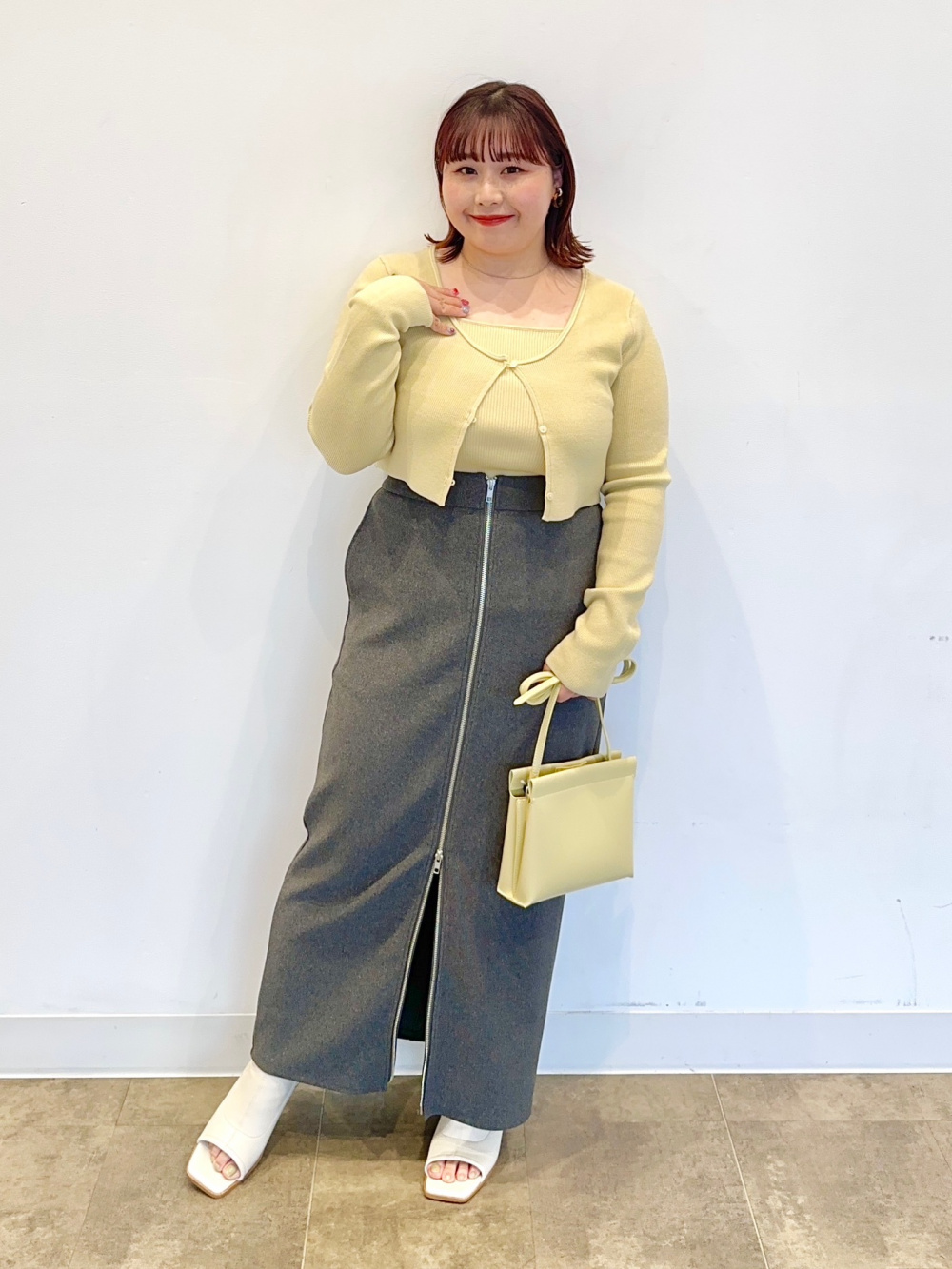 2ピースクロップドカーディガン(長袖)、フロントジップナローロング