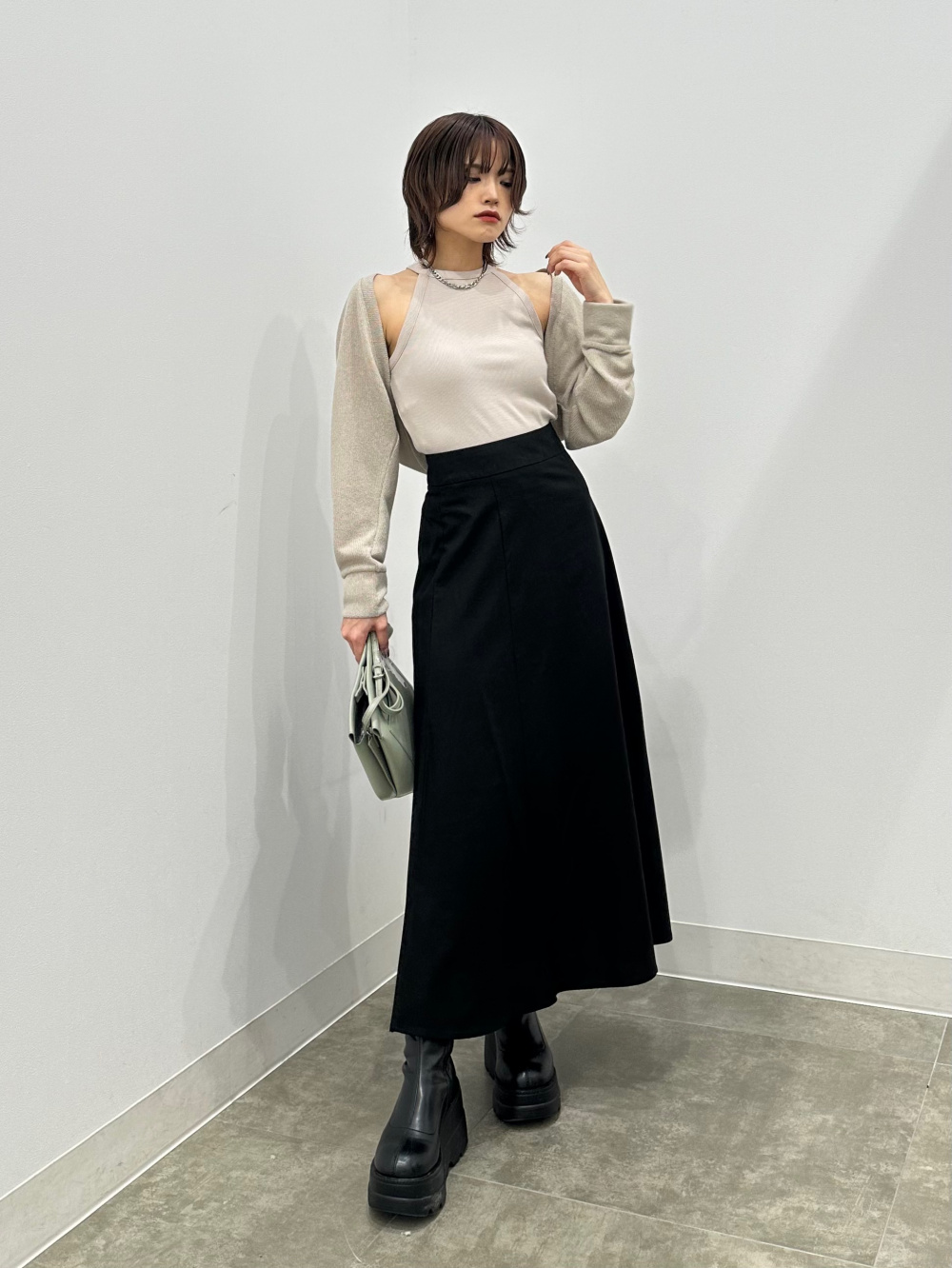 2ピースボレロカーディガン(長袖)、リネンブレンドフレアロング 