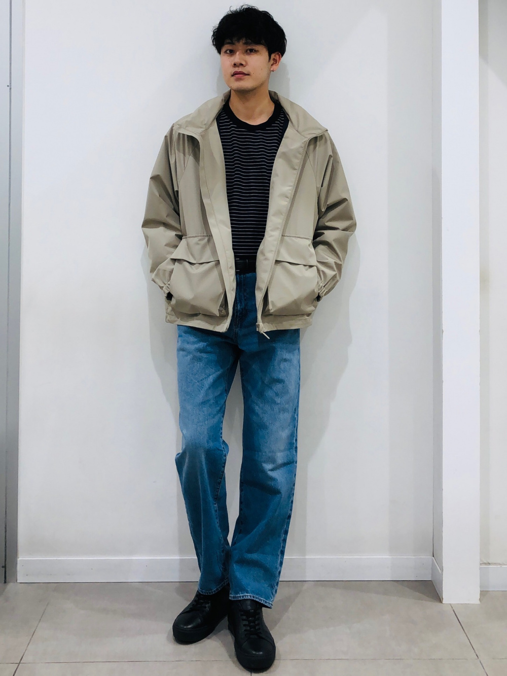 美品 beautiful people ベルト付き ワイドテーパードジーンズ GU and beautiful people】ワイドテーパードパンツでモノトーン