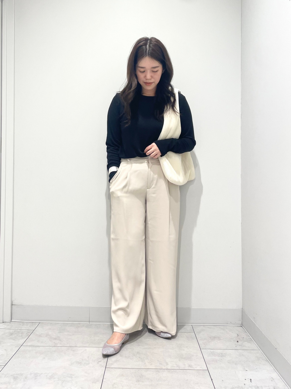 ソフトリブクルーネックT(長袖)Q+E、ドレープワイドパンツZ