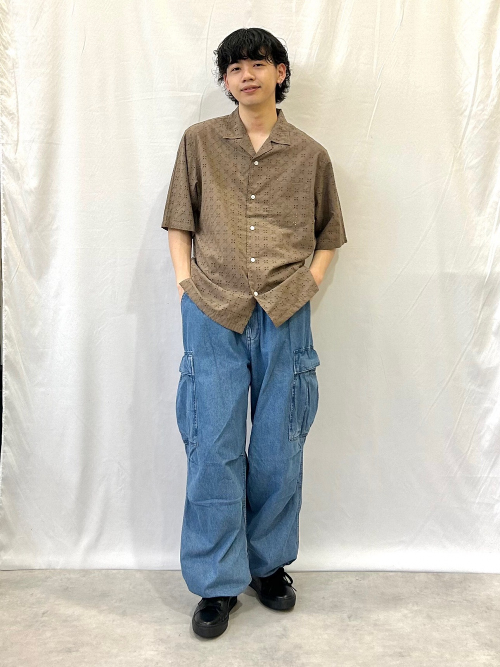 C5447 ワイドニット×デニムコーデ ヘンリーネックカットソー×ワイドデニムコーデ（sold out