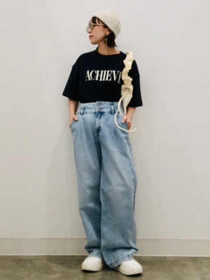 キク　本体 GU公式 | GIRLSデニムハイウエストタックワイドパンツJR