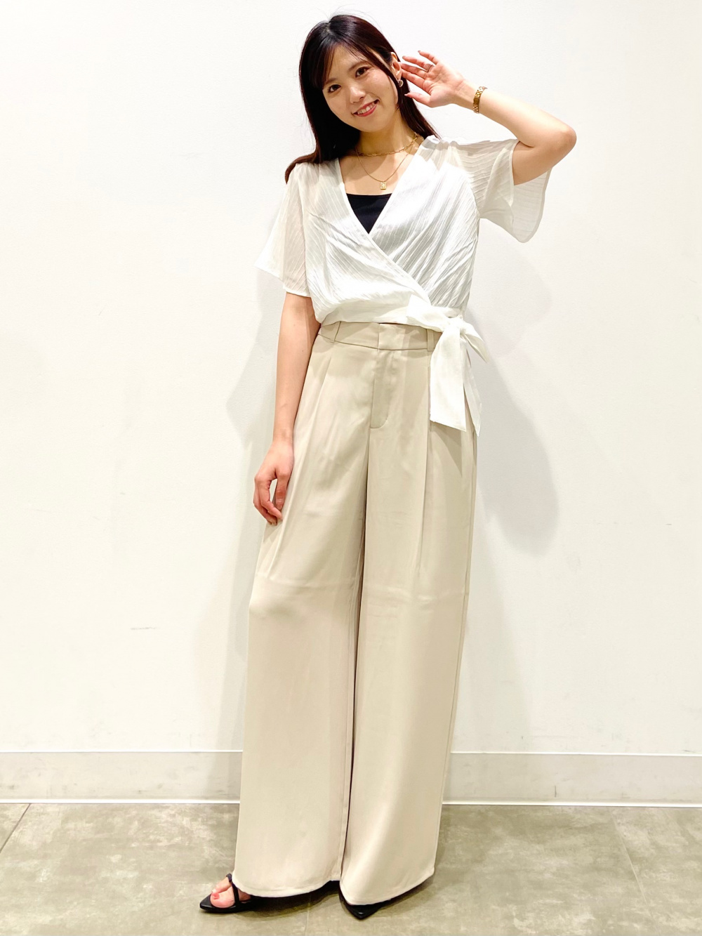 セットアップ 半袖トップス ドレープパンツ 2ピースシアーTブラウス(半袖)、ドレープワイドパンツZ