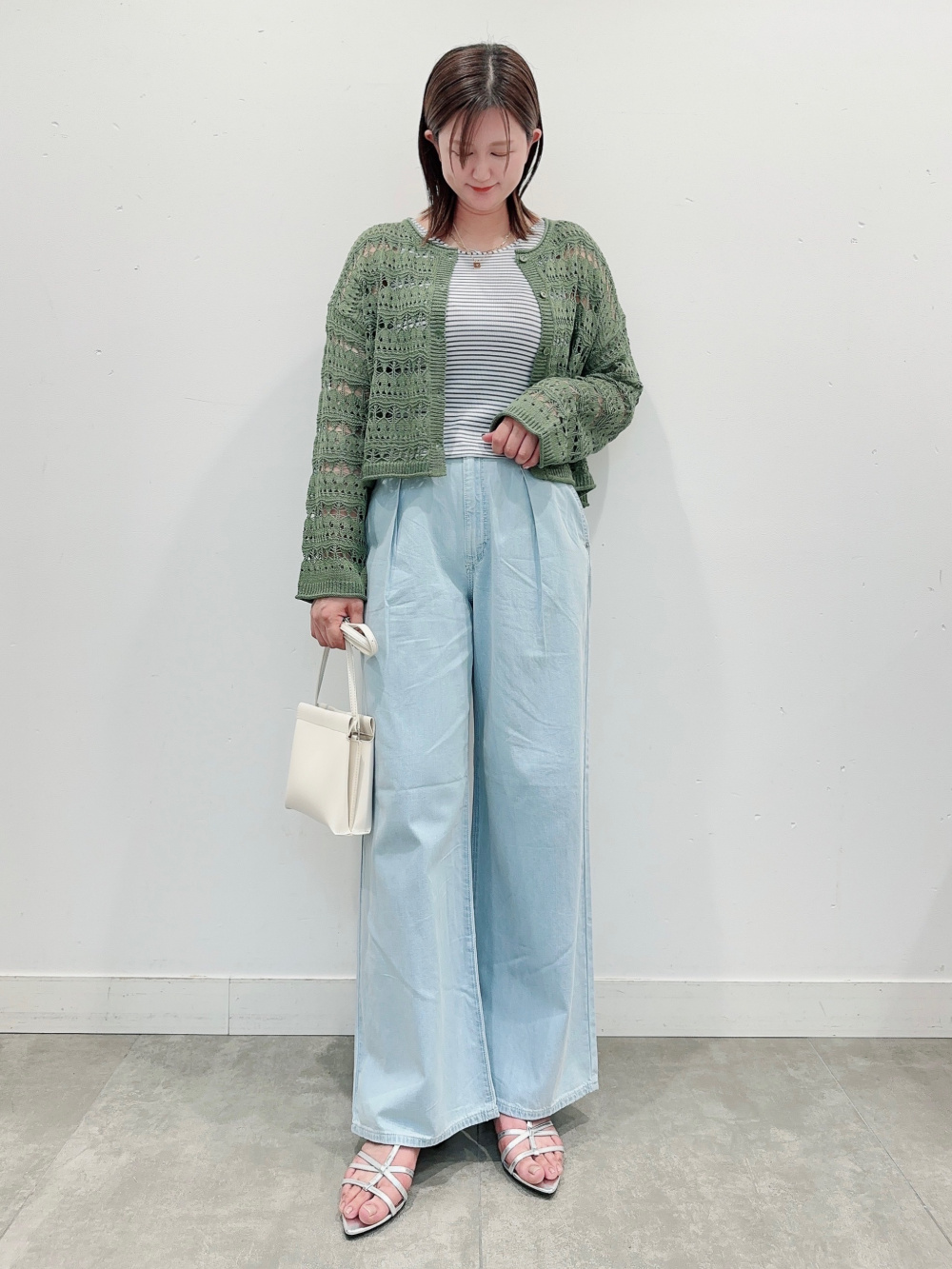 透かし編みカーディガン(長袖)、リネンブレンドバックオープン