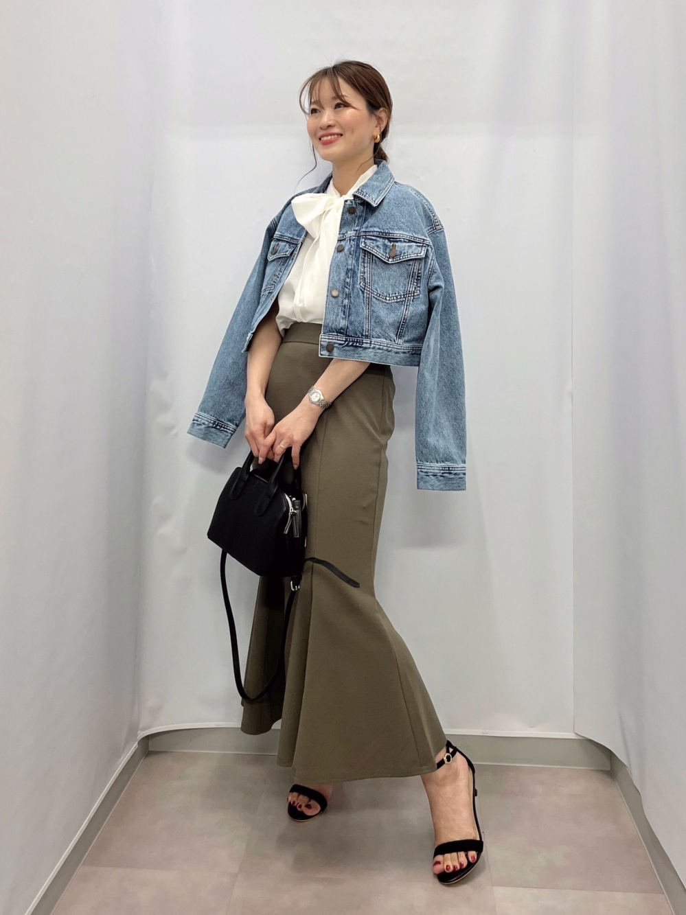 GIUGIU クロップドトップス デニムクロップドジャケット、シアーボウタイブラウス(半袖)Z+E