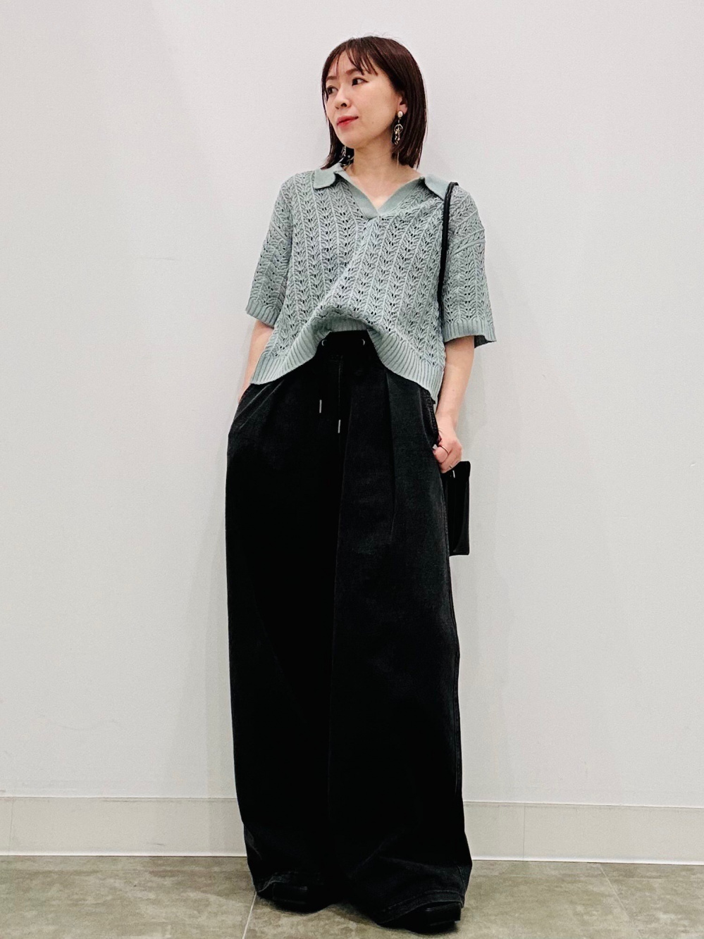 ウォッシュドスウェットプルオンパンツQ、透かし編みスキッパー