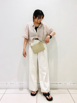 イノジョウさん専用 リネンブレンドクロップドシャツ(半袖)(ストライプ)（レディース