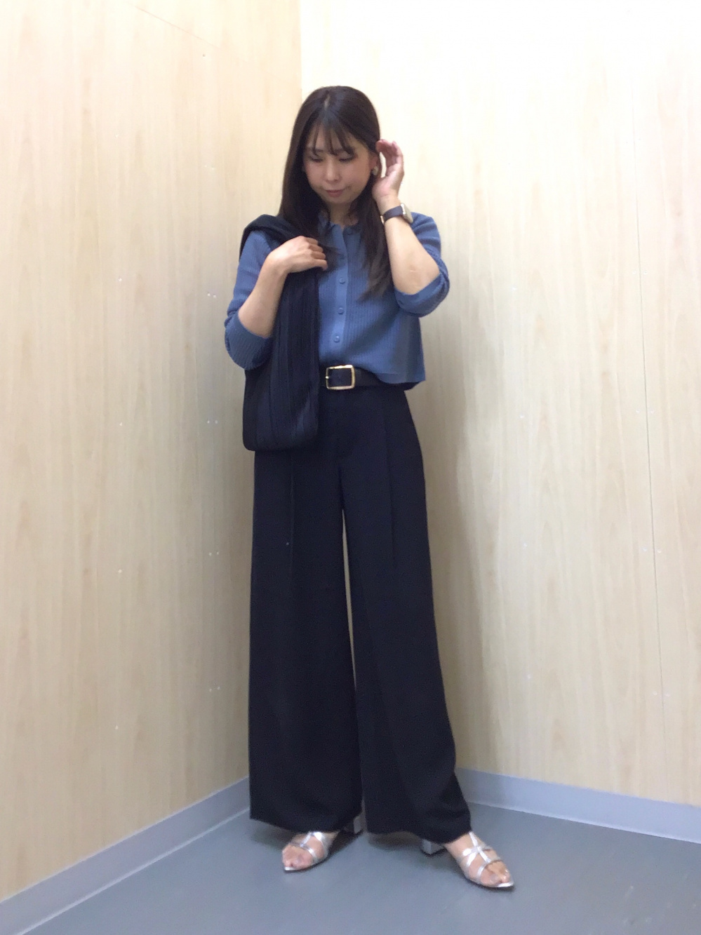 メッシュポロカーディガン(長袖)Q、ドレープワイドパンツZ