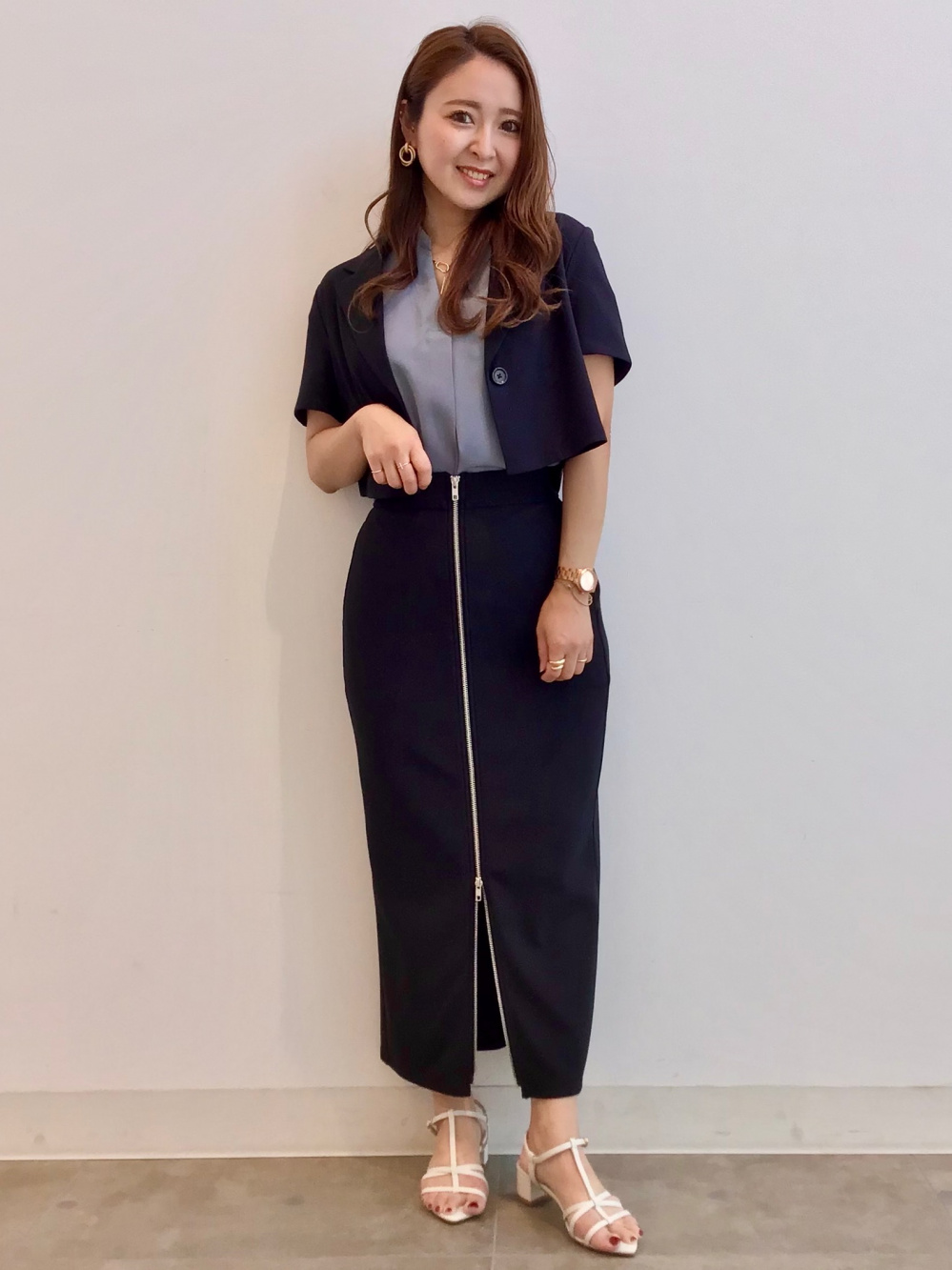 GIUGIU クロップドトップス デニムクロップドジャケット、シアーボウタイブラウス(半袖)Z+E