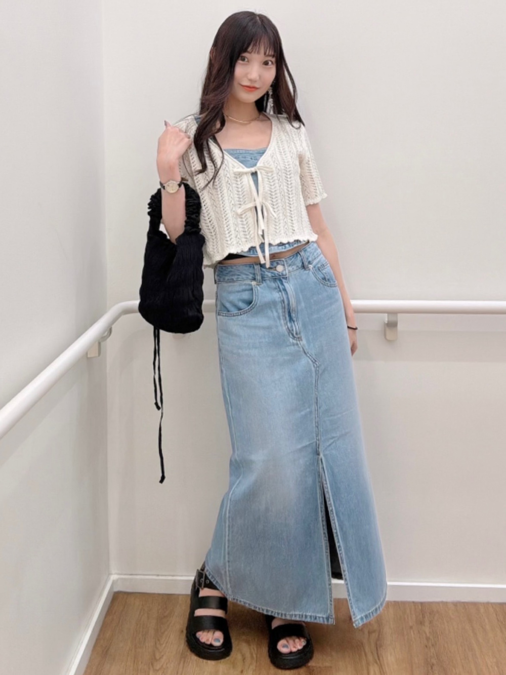 【美品】コーデ売り♡半袖シャギーニット＆ロング ベイカースカート ビスチェコンビネーションセーター(半袖)+E、デニムフロント