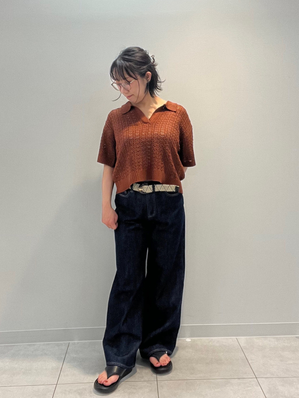 透かし編みスキッパーポロセーター(半袖)、フラワープリントプル 透かし編みスキッパーポロセーター(半袖)、フラワープリントプル