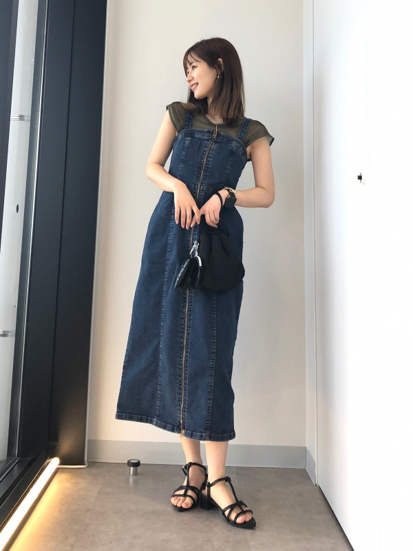 メッシュT(ノースリーブ)、デニムフロントジップワンピースの