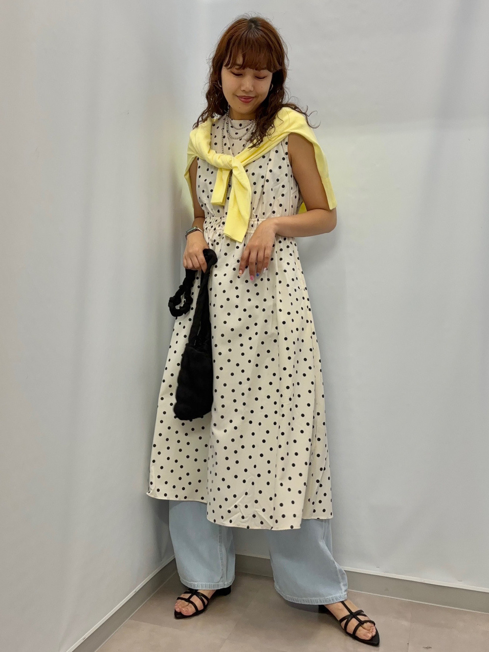 ドットプリントワンピース(ノースリーブ)Z、クロシェバケットハット+E