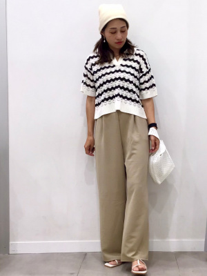 GU公式 | 透かし編みスキッパーポロセーター(半袖)(ボーダー)