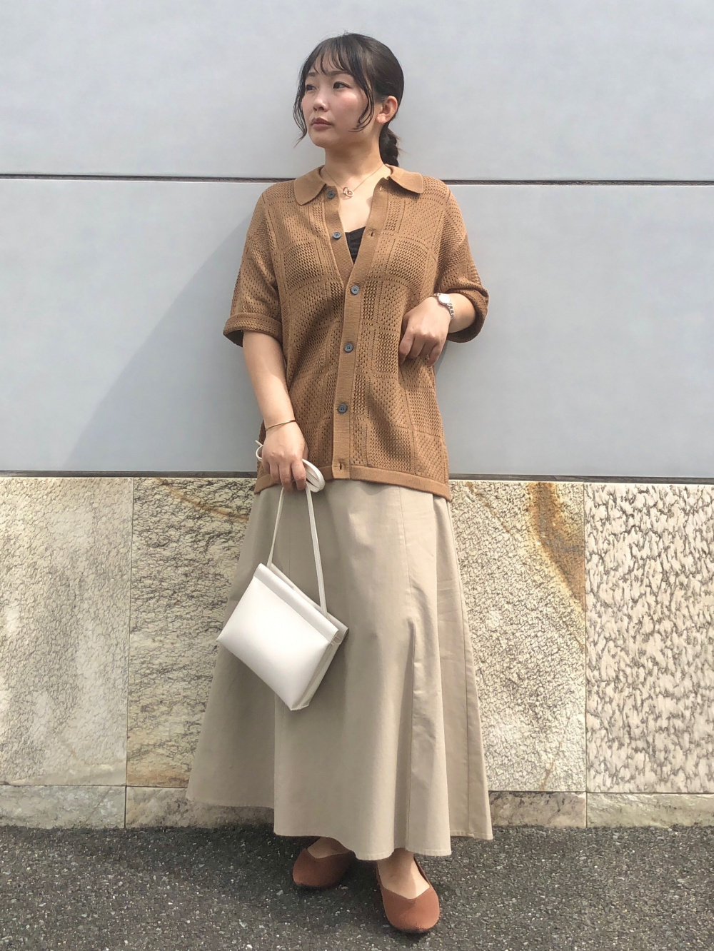 コットンレースクロップドブラウス(半袖)、リネンブレンドフレア