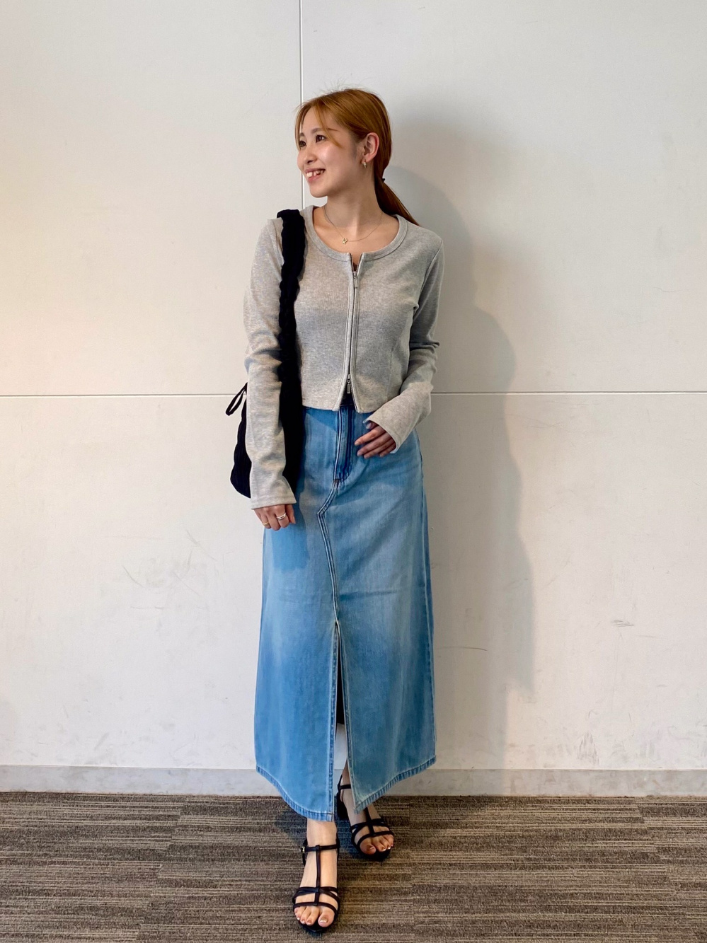 リブダブルジップカーディガンQ、デニムフロントスリットロング