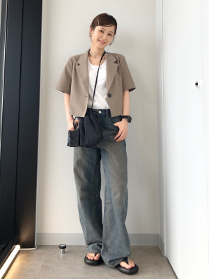 【MAJE】クロップド・ハーフスリーブジャケット：ベージュ系 147_ichi_yon_nana】ハーフスリーブクロップドジャケット｜小柄
