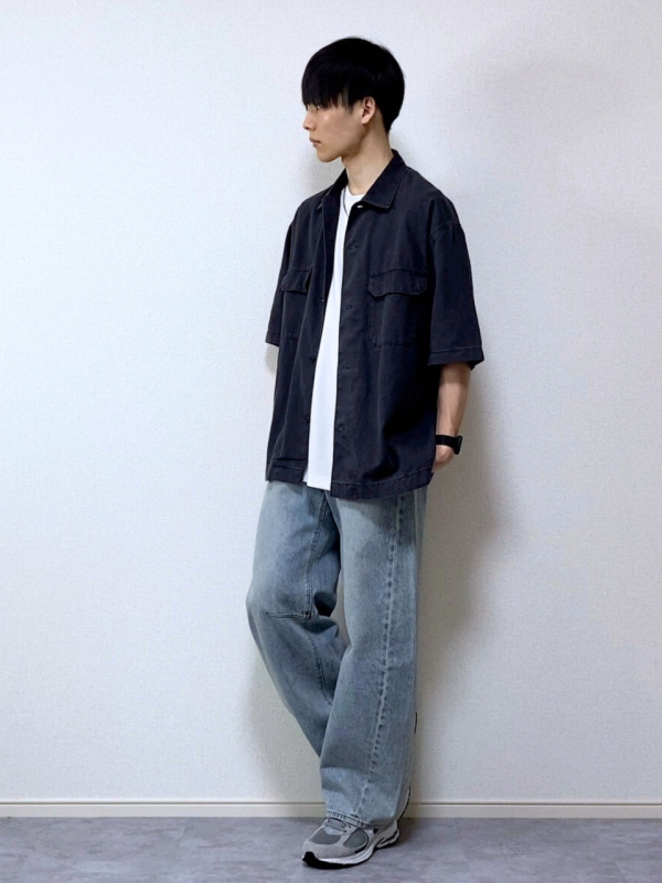 ライトデニムオーバーサイズワークシャツ(5分袖)（メンズ）の着用