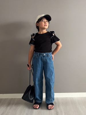 Cross☆です♥ GU公式 | GIRLSオープンショルダーリブフリルT(半袖)