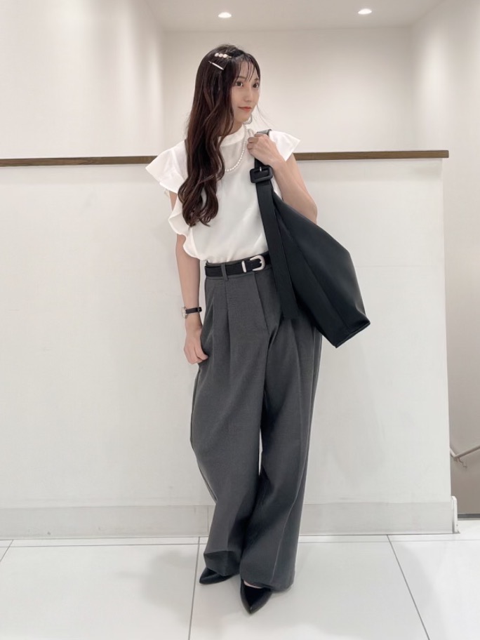 ラッフルスタンドカラーブラウス(半袖)Z+E、タックワイドパンツ(丈標準 
