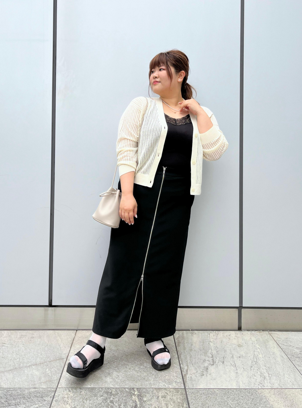 2ピースクロップドカーディガン(長袖)、フロントジップナローロング