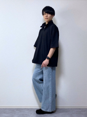 COMME CA ISM｜カラーステッチ半袖ハイネックハーフジッププル