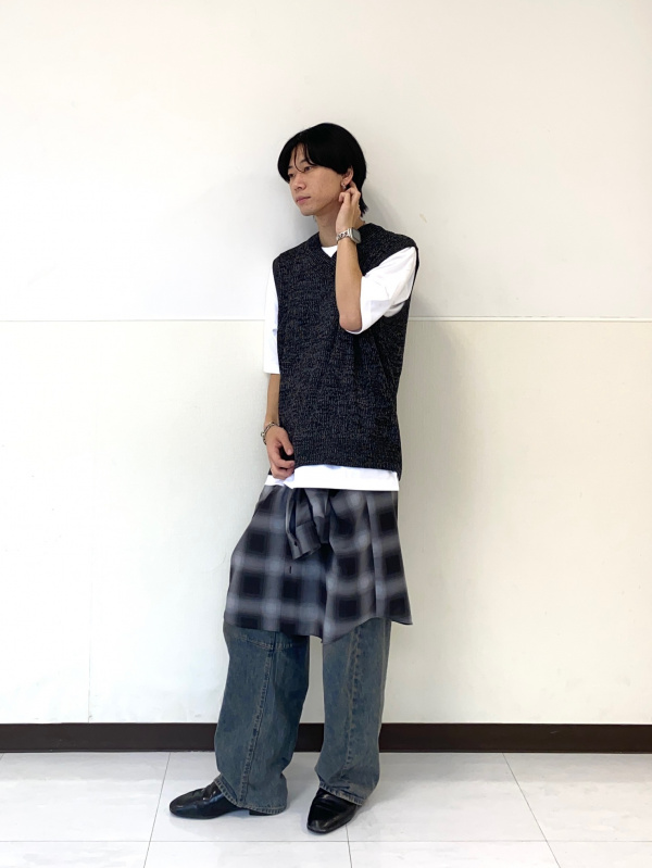 ダークブルーソックスとネイビー長袖シャツセット イージーケアシアーオーバーサイズシャツ(長袖)(チェック)（メンズ）の