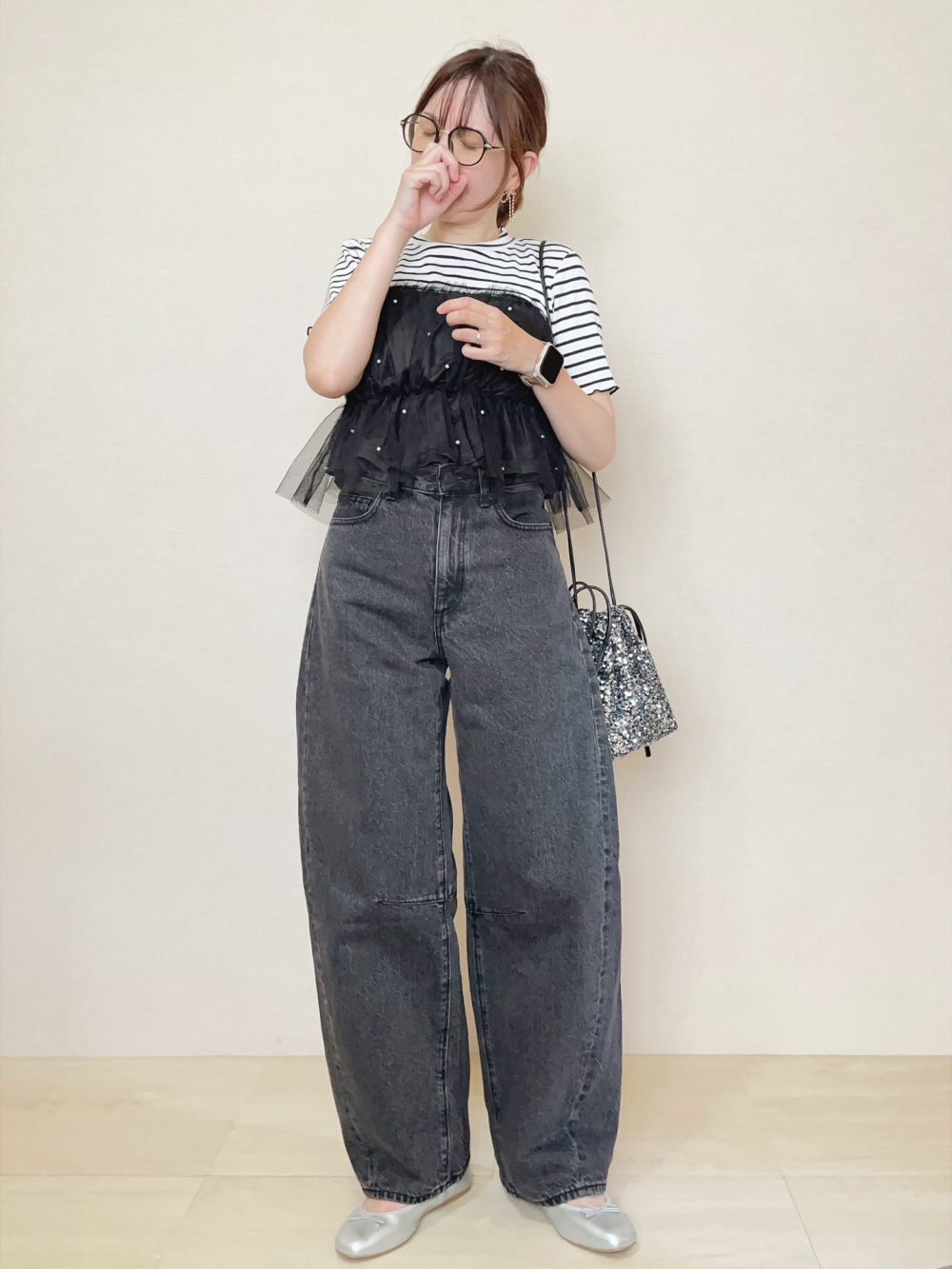 メリノブレンドショートカーディガン（長袖）、ワイドプリーツ