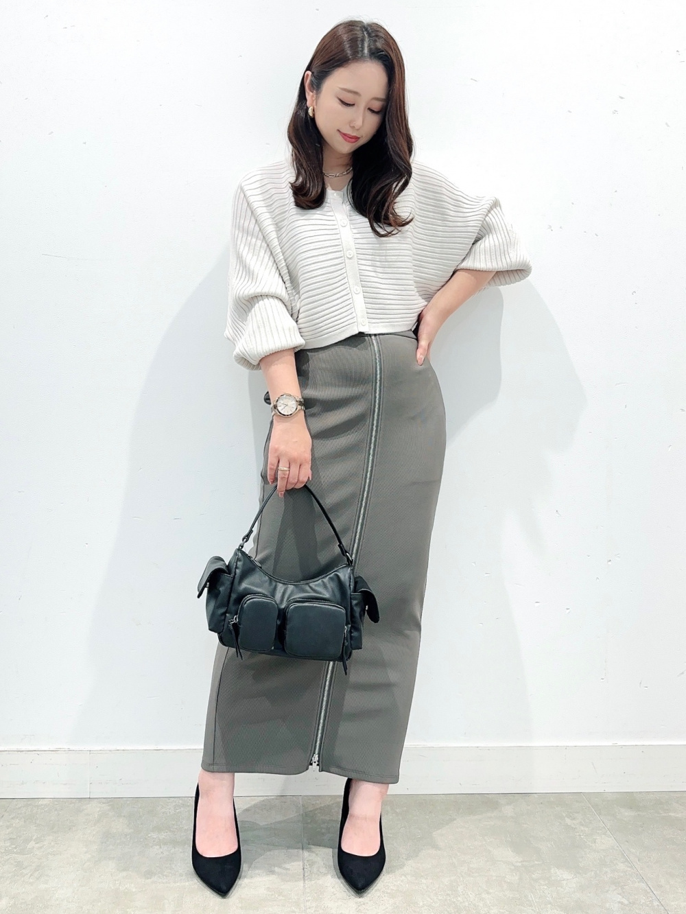 2ピースクロップドカーディガン(長袖)、フロントジップナローロング