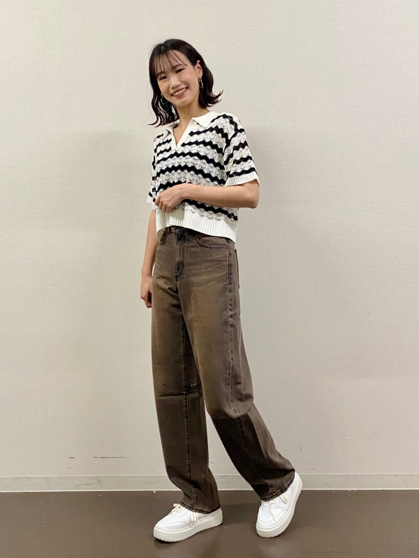 透かし編みスキッパーポロセーター(半袖)(ボーダー)（レディース