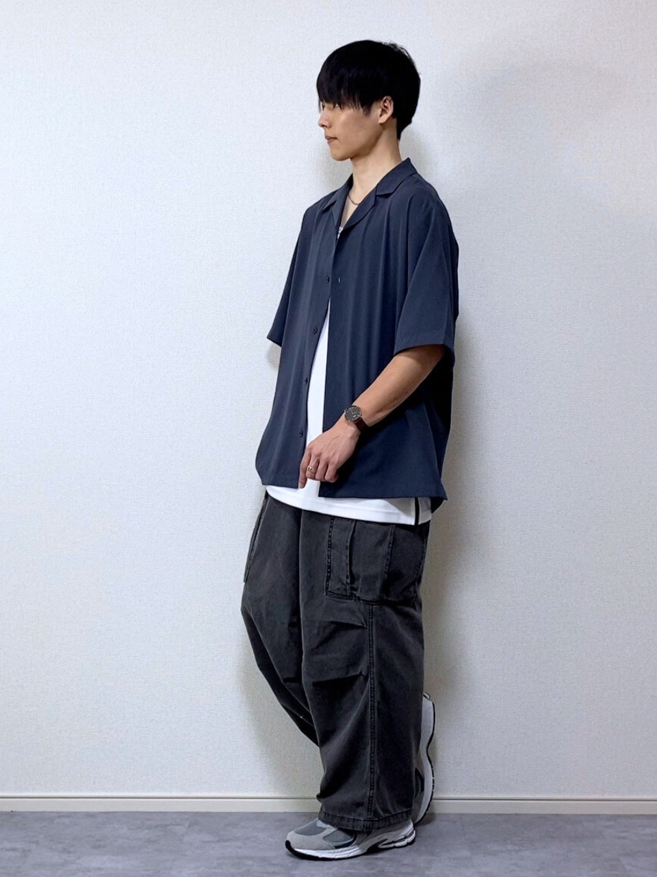 オープンカラーシャツ(5分袖)、リネンブレンドタックワイドパンツ(丈 