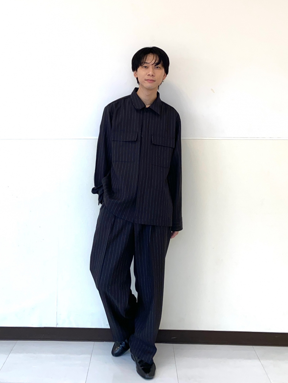 ダブルポケットシャツ(ストライプ)(セットアップ可能)、ツータック