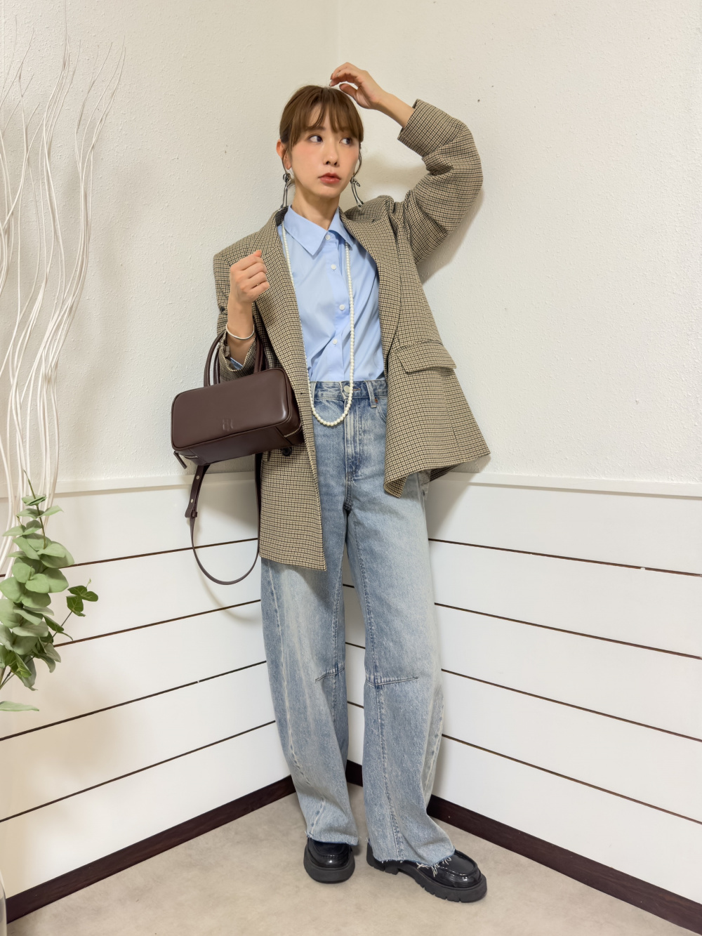 【秋コーデ?】ジャケットセットアップ チェック ダブルブレストチェックジャケット(セットアップ可能)」の着用