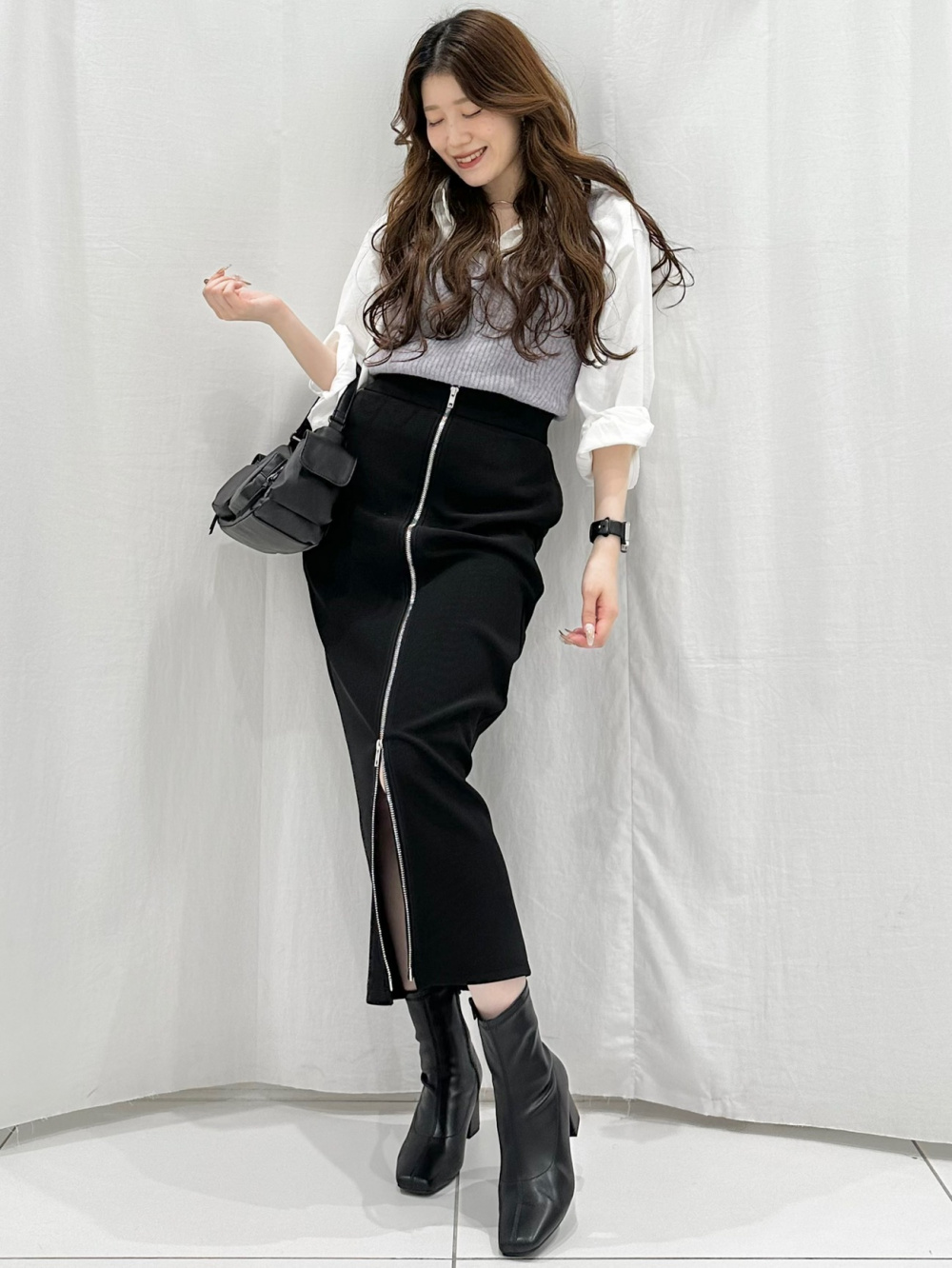 リブダブルジップカーディガン(長袖)Q、フロントジップナローロング