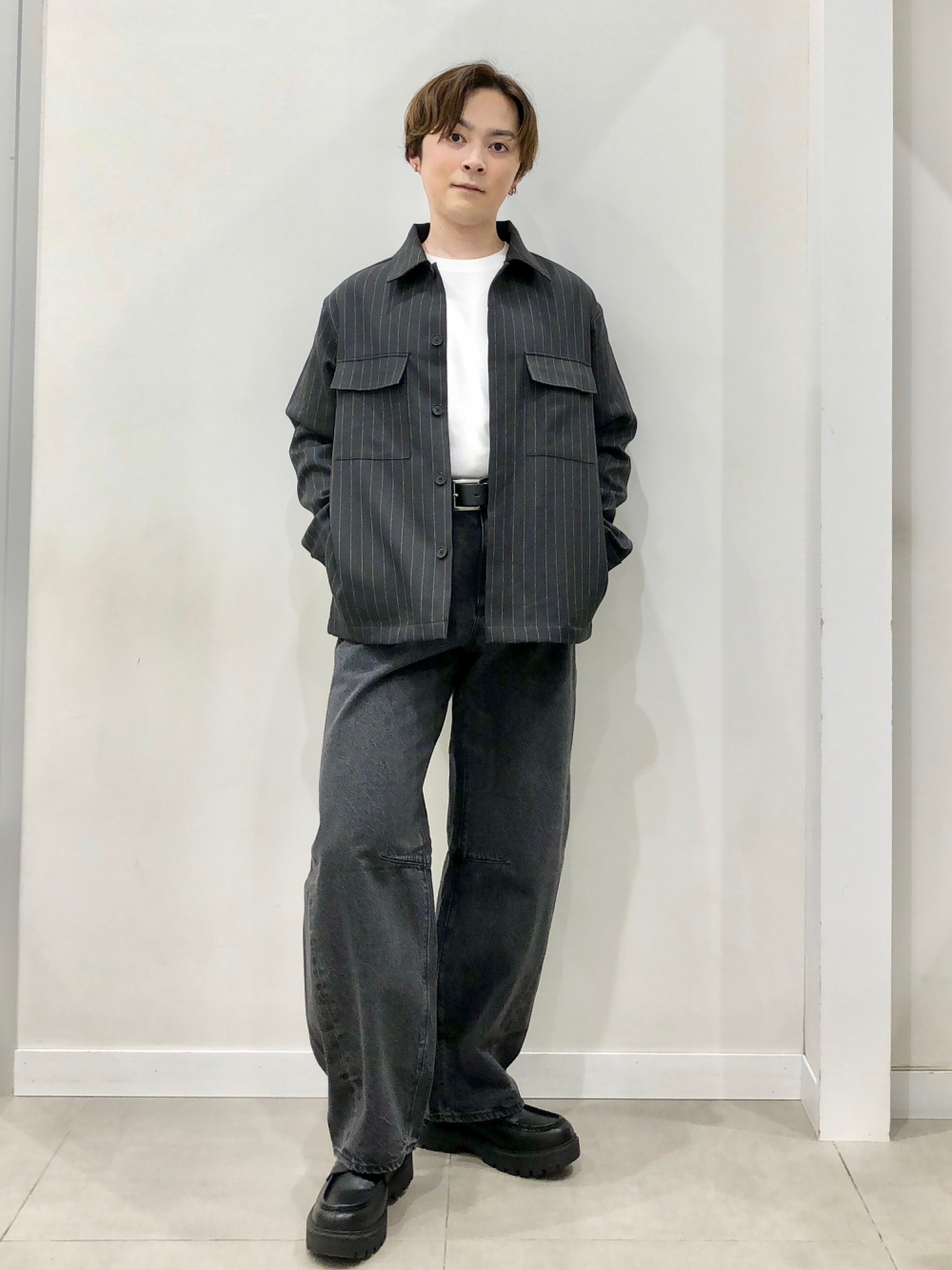 ダブルポケットシャツ(ストライプ)(セットアップ可能)、ツータック