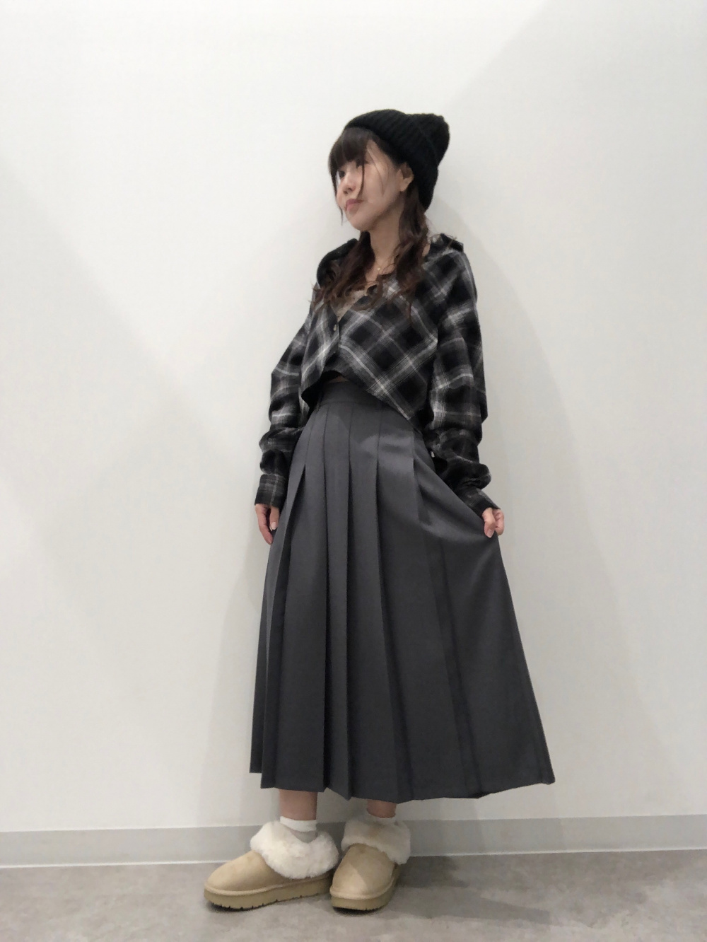 Midi Skirt, Flannel, and Beanie for the Weekend