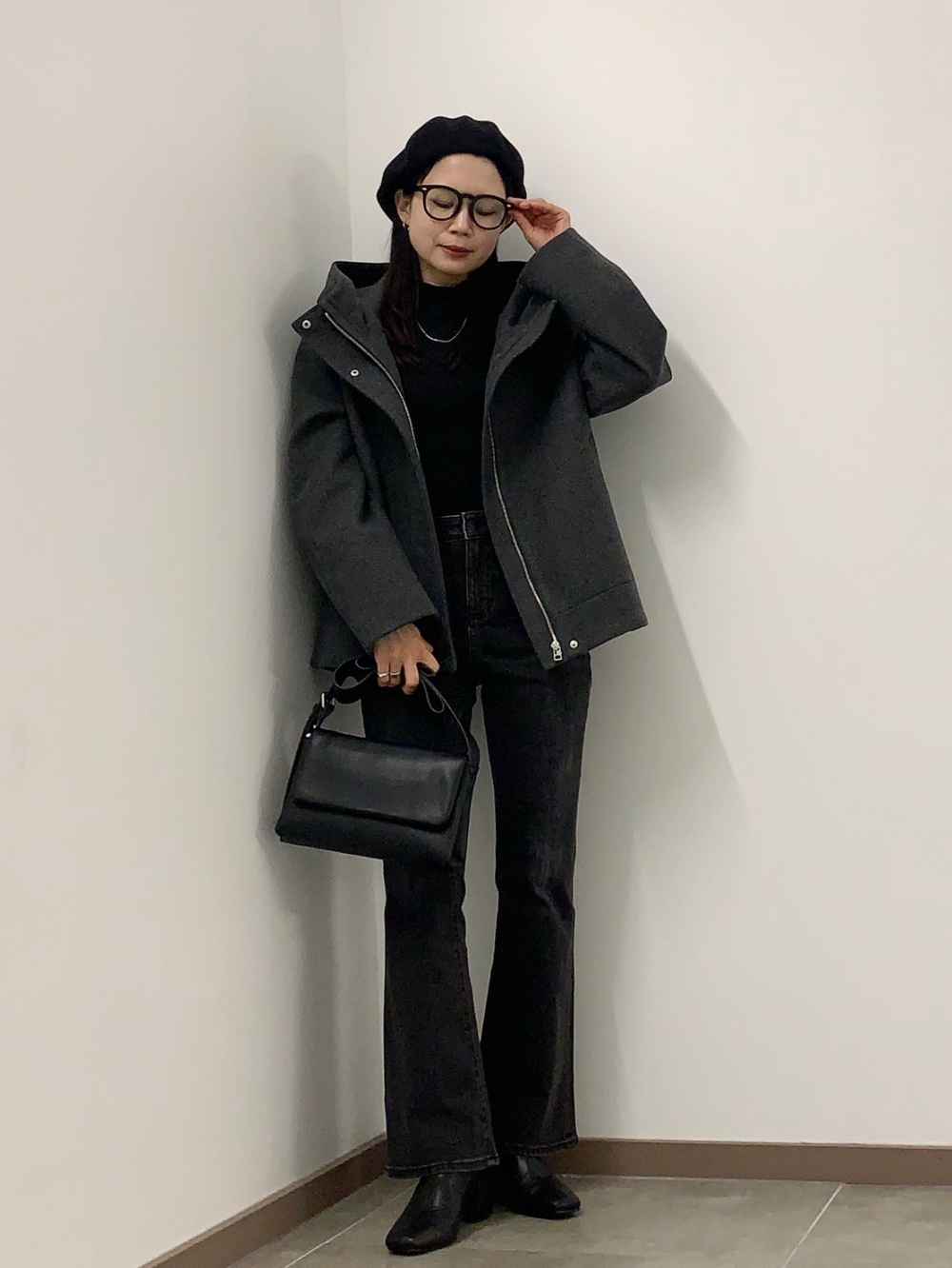 メクル メルトンフーディーショートブルゾン ブラック CHIC＆CITY オン