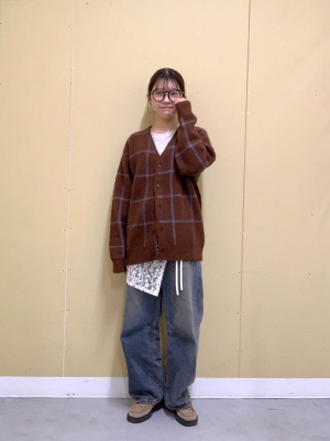 GU公式 | ブラッシーニットVネックカーディガン(チェック)