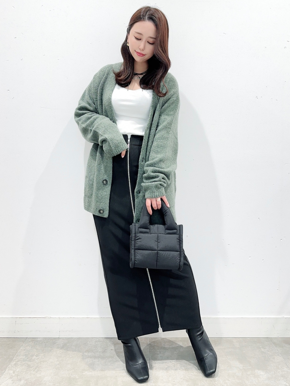 リブダブルジップカーディガン(長袖)Q、フロントジップナローロング