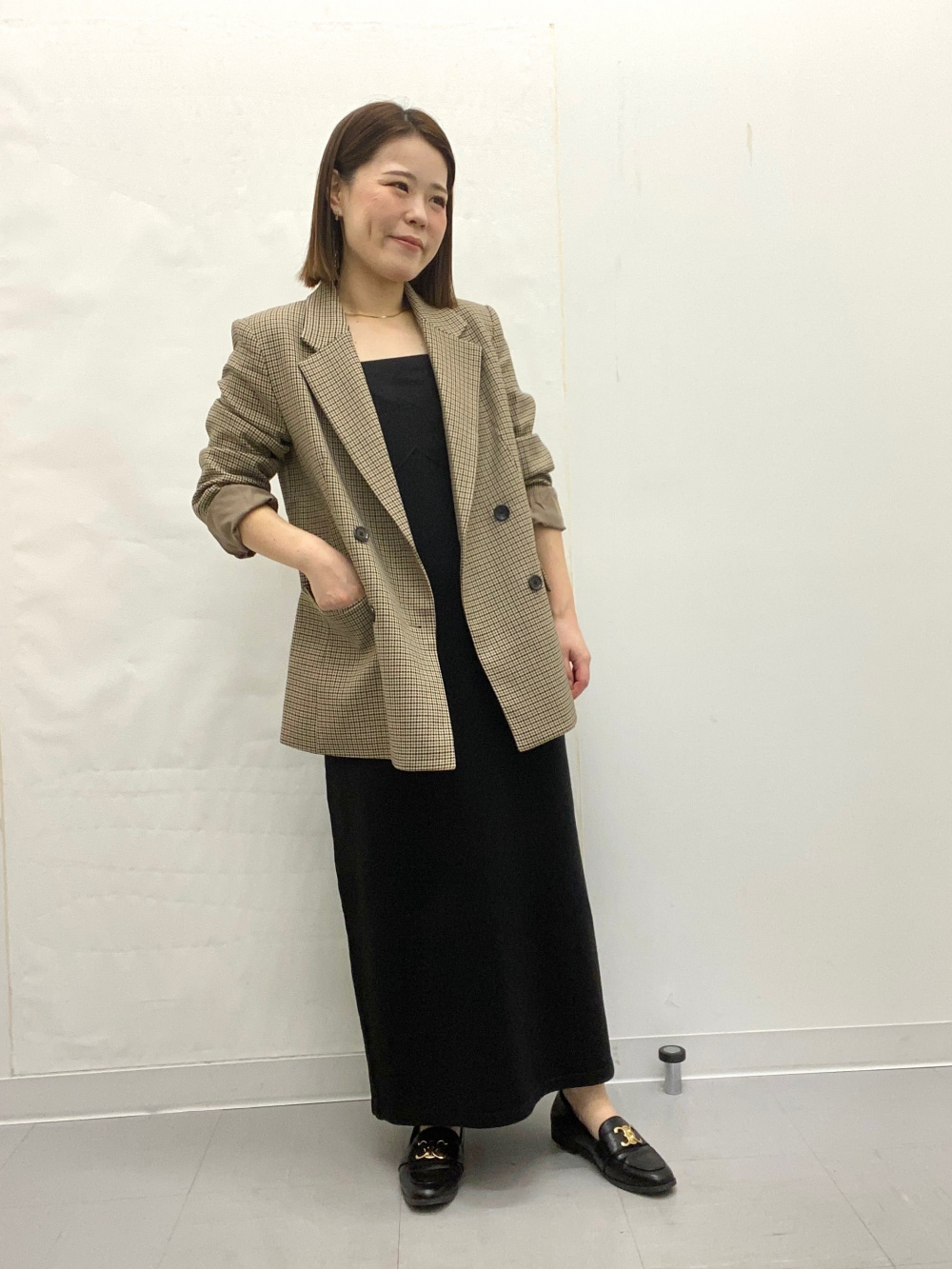 ダブルブレストチェックジャケット(セットアップ可能)」の着用