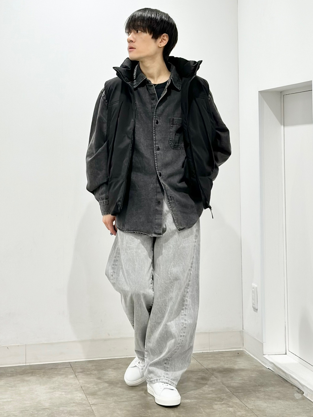 ローゲージハーフジップセーター、バレルレッグスラックス