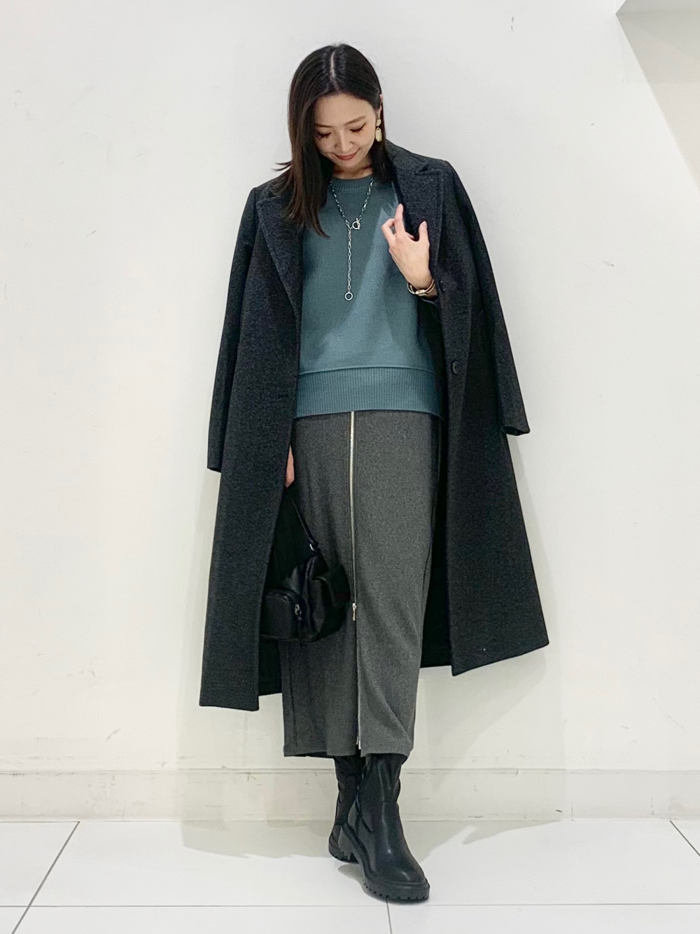 リブダブルジップカーディガン(長袖)Q、フロントジップナローロング