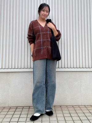 GU公式 | ブラッシーニットVネックカーディガン(チェック)