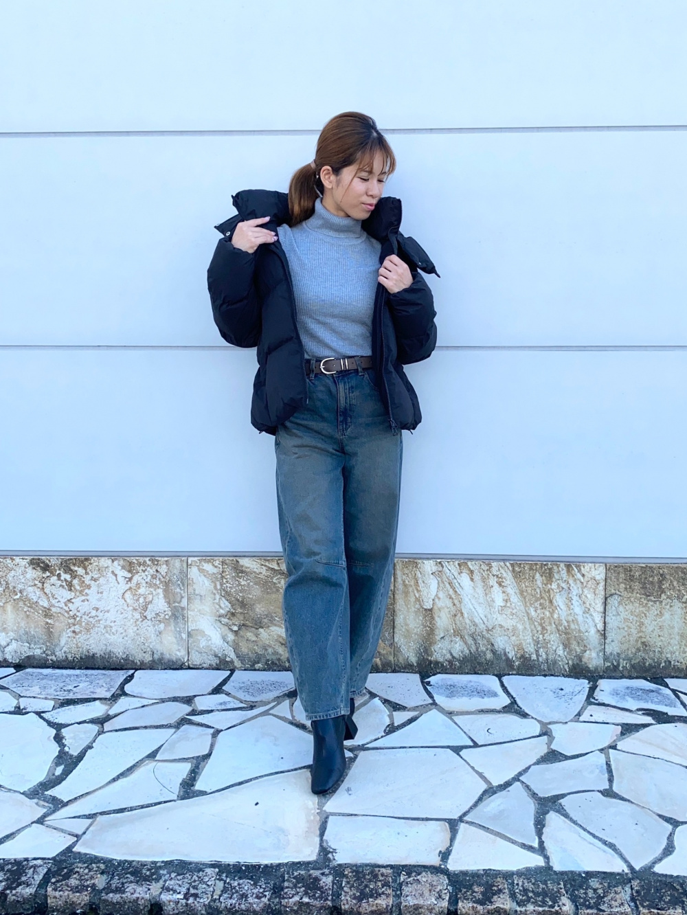 リブハーフジップセーター(長袖)Q、カットソーフレアスラックス(丈標準