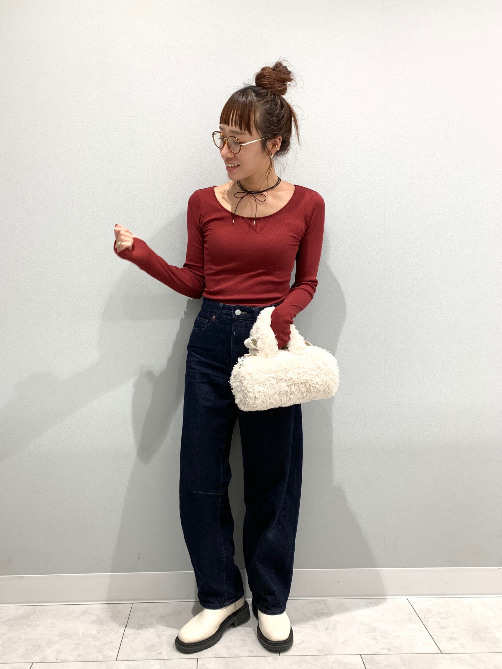 ストレッチリブクロップドT(12分袖)(ウォーム)、バレルレッグ
