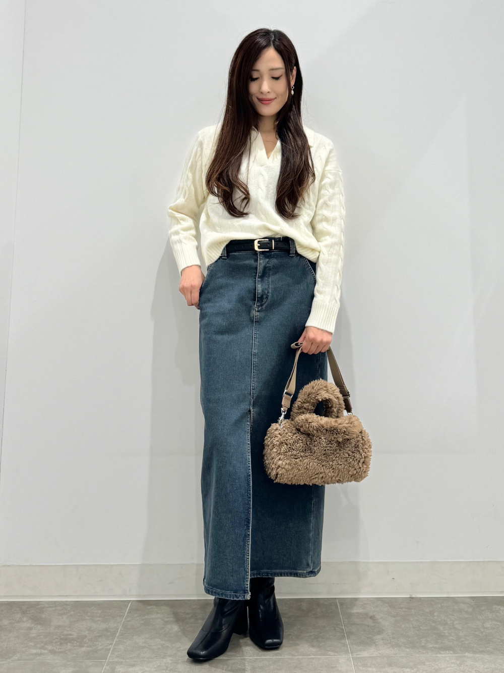 コーデセット　デニムスカート　ゆるケーブルニット 公式スタイリング | ジーユー