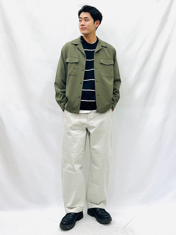 ダブルポケットオープンカラーシャツ（メンズ）の着用