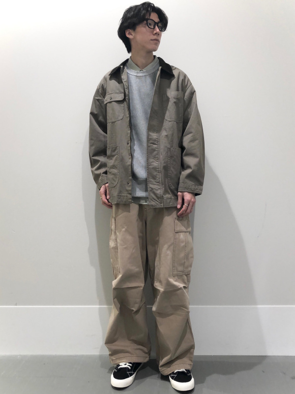 ヒートパデッドモッズコート、デニムスーパーワイドカーゴパンツの